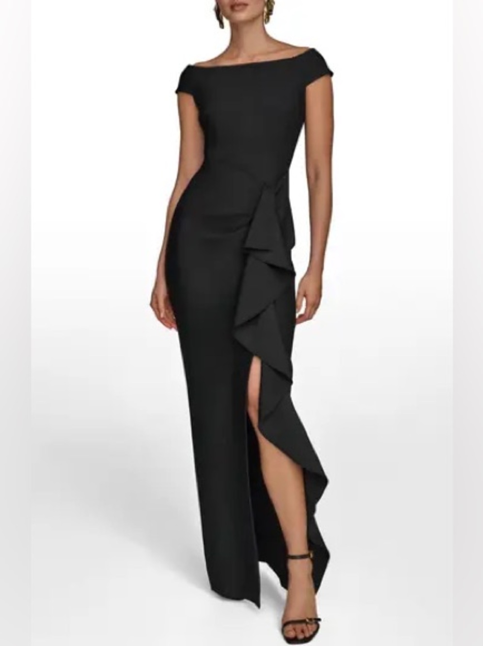 Donna Karan New York Black Side Ruffle Off The Shoulder Gown Size 2 NWT